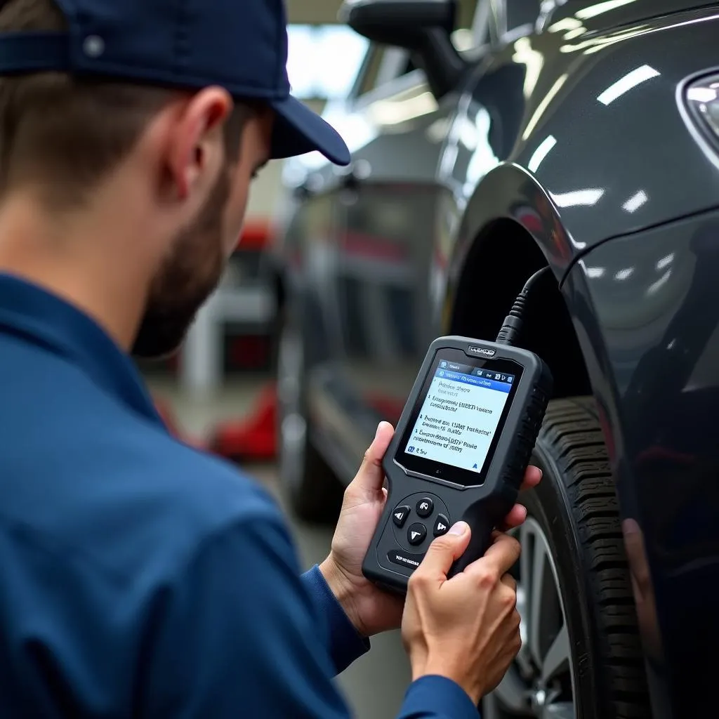 Mechanic diagnosing car problems with a professional scan tool