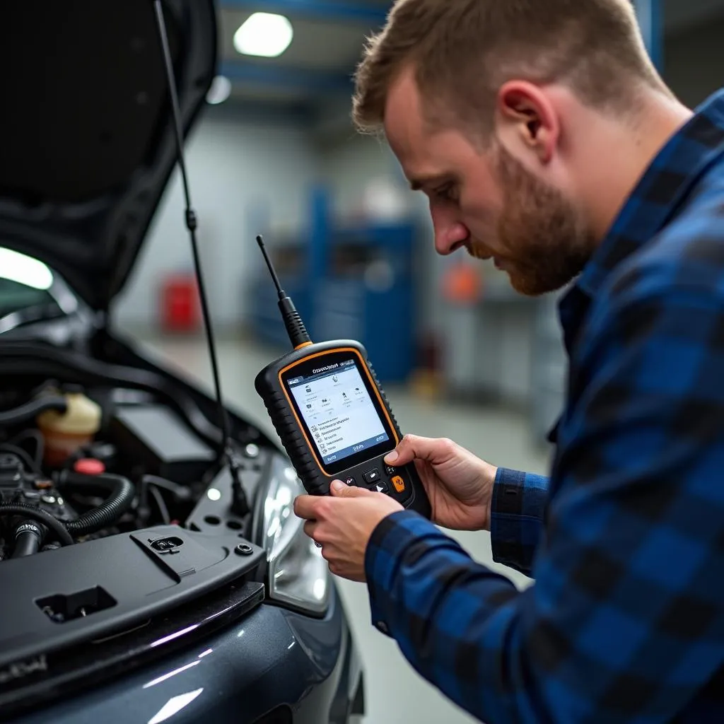 Mechanic Using Scan Tool on Car