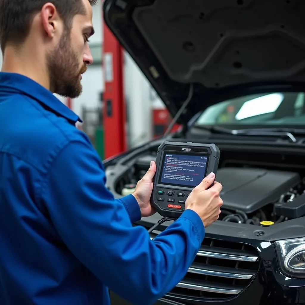 Mechanic using a scan tool on a car