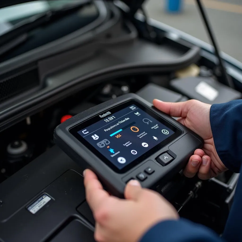 Mechanic inspecting car engine with scan tool