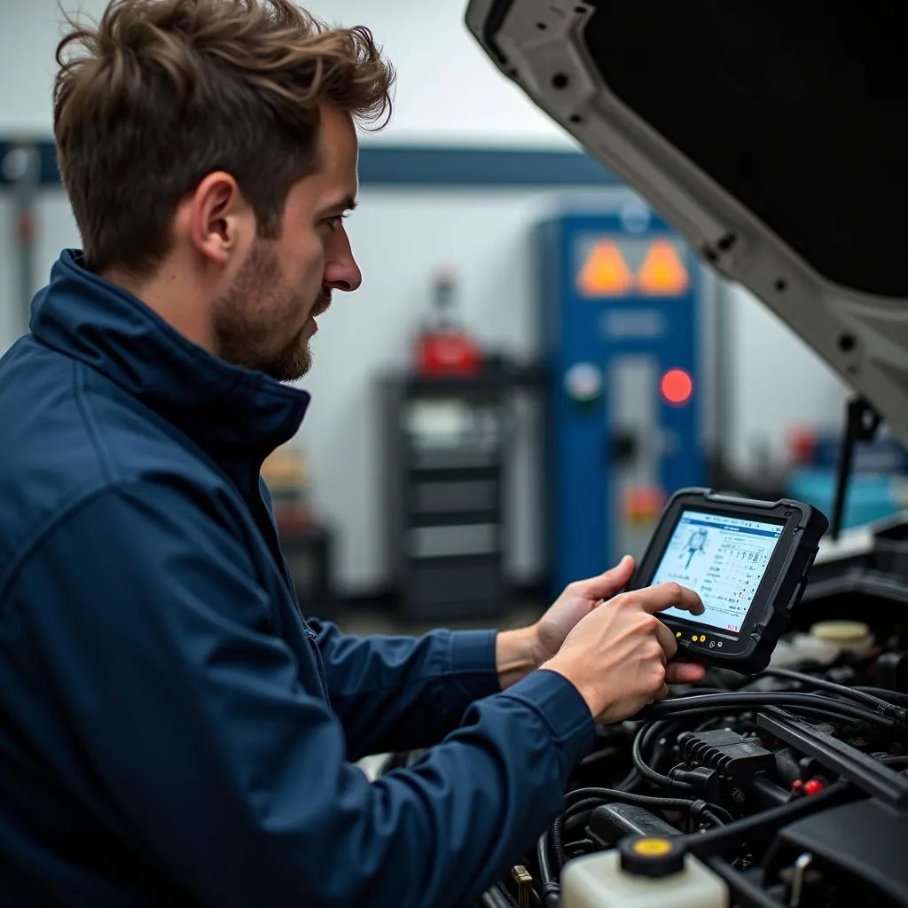 Mechanic Using Scan Tool on Car Engine