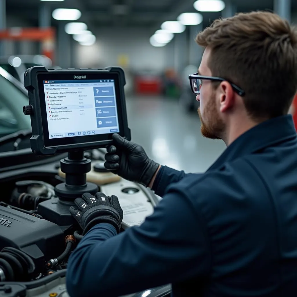 Mechanic Using Scan Tool on Car