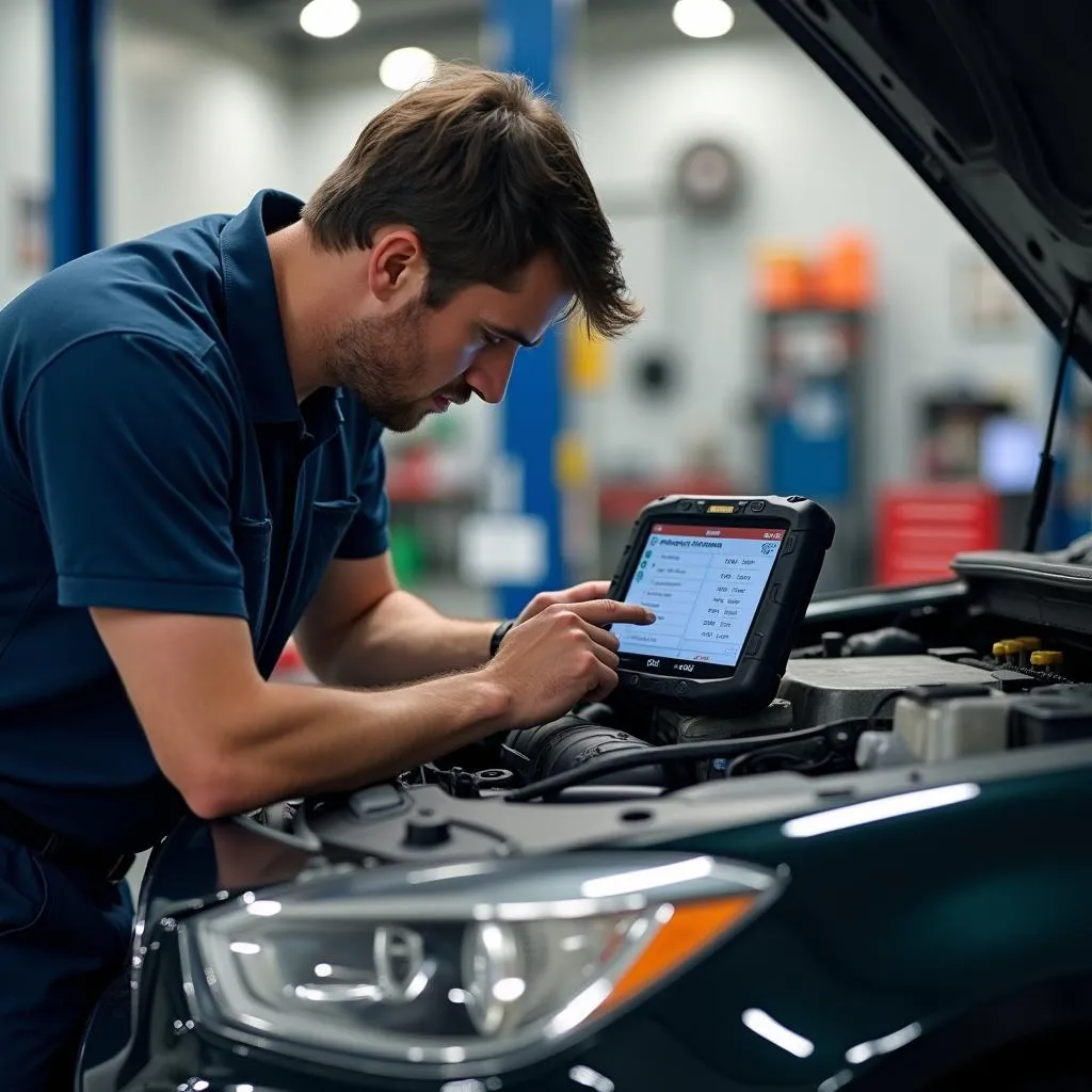 Mechanic diagnosing car problem with scan tool in auto repair shop