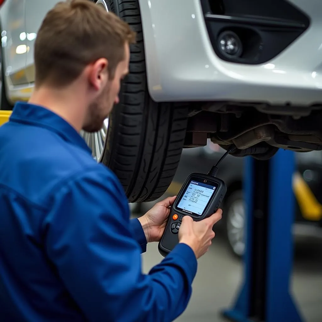 Mechanic using a scan tool on a car transmission