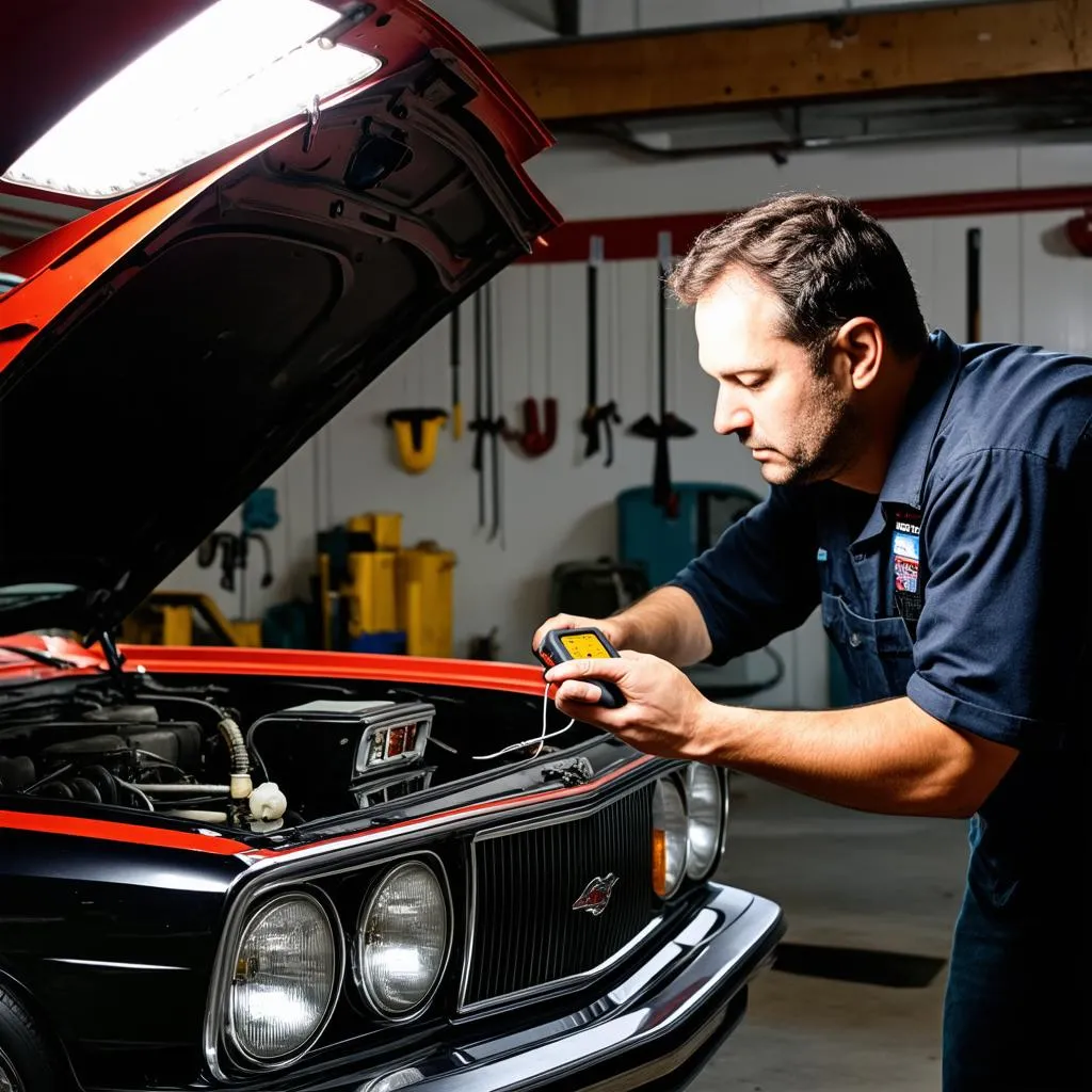 Mechanic using a scan tool on a classic car in a workshop