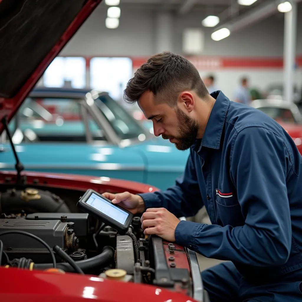 Mechanic using scan tool on a classic car