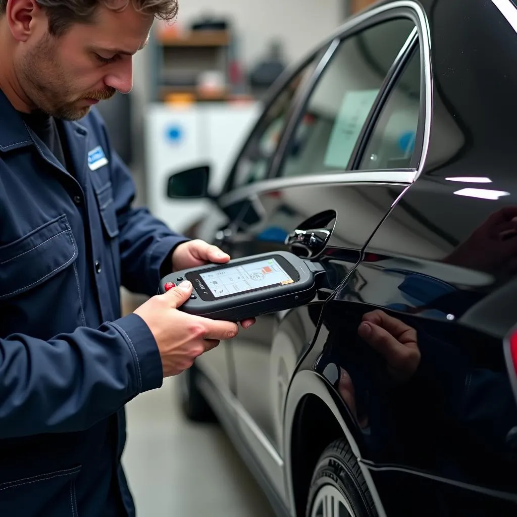 Mechanic Using Scan Tool on Mercedes E350 4Matic