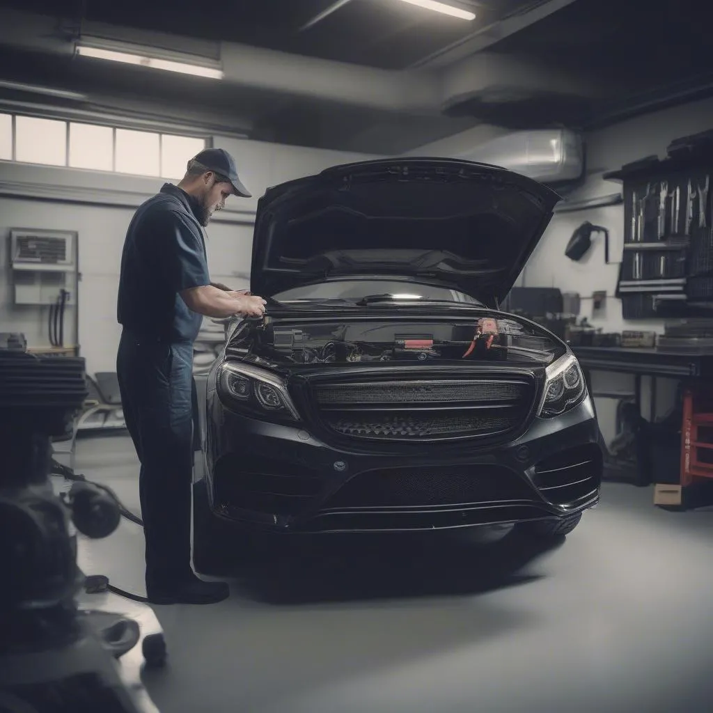 Mechanic using a scan tool on a European car