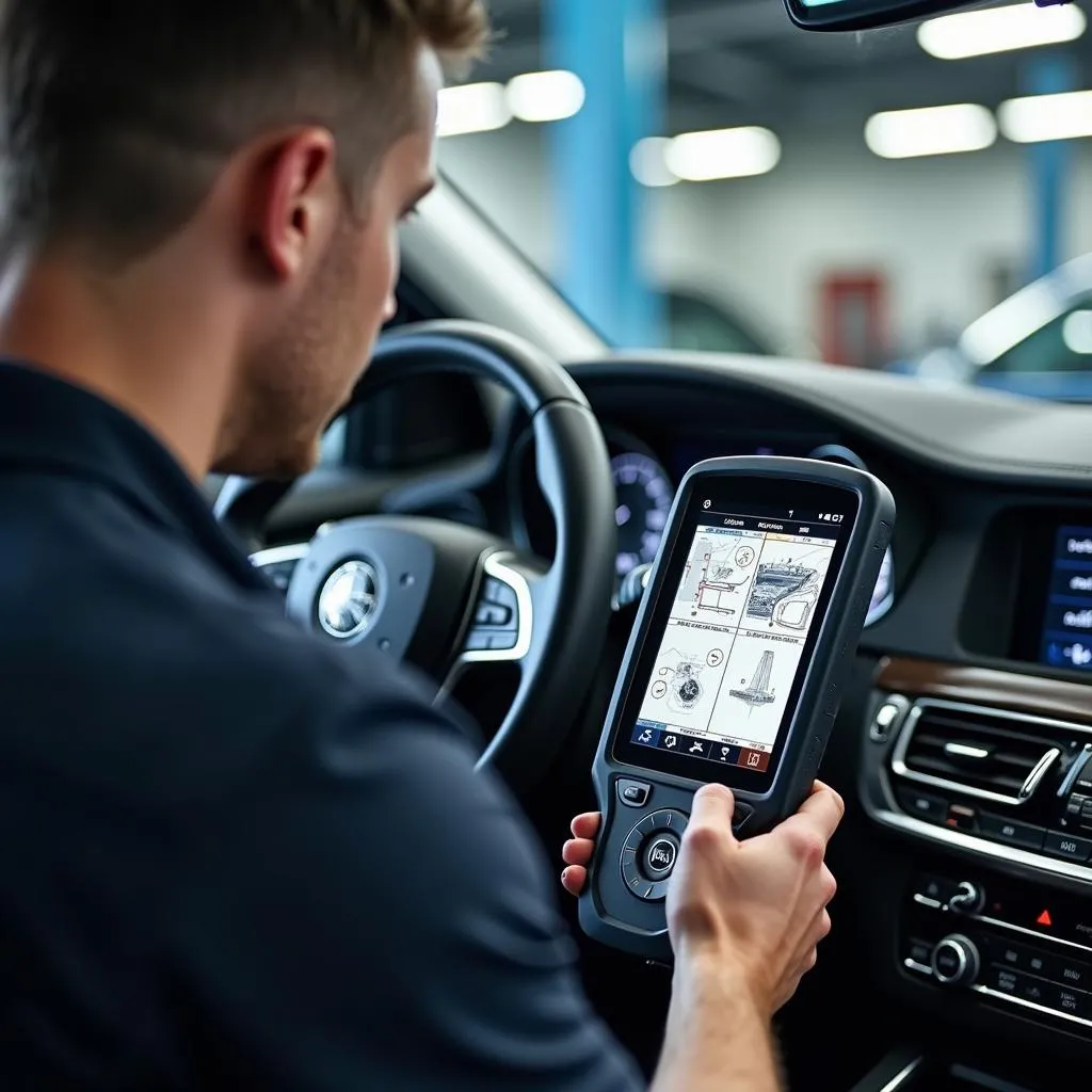 Technician Diagnosing Luxury Vehicle with Advanced Scan Tool