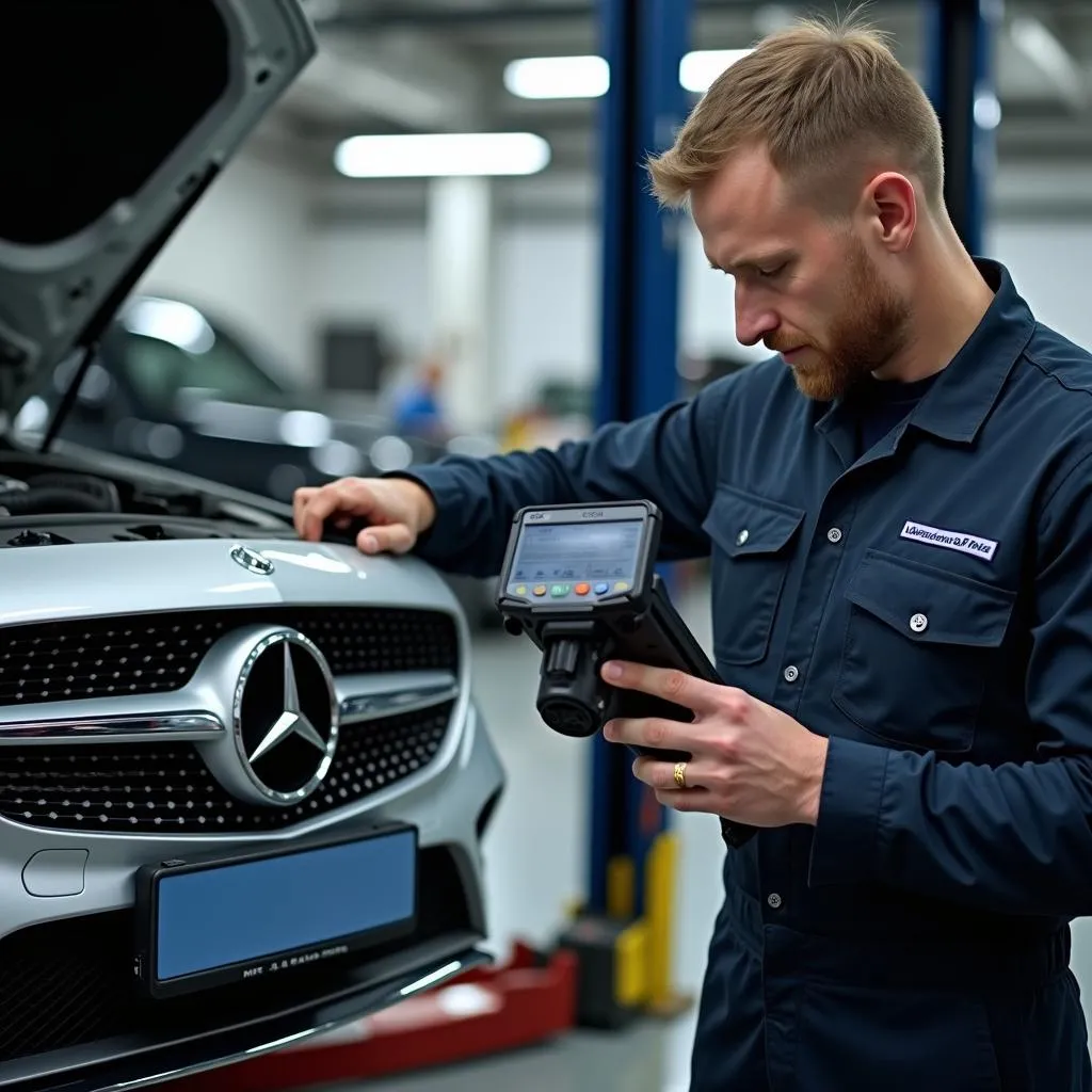 Mechanic using scan tool to diagnose European car