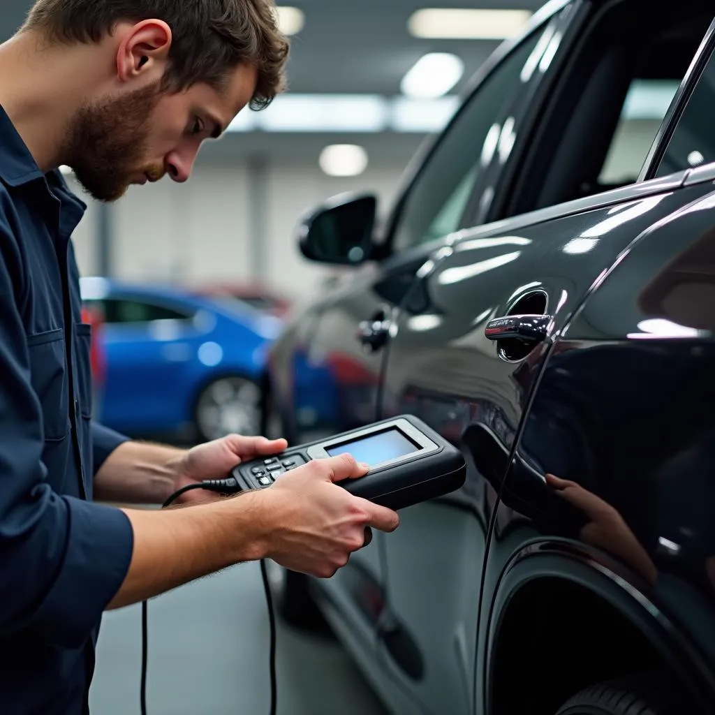 Mechanic Using Scan Tool on European Car