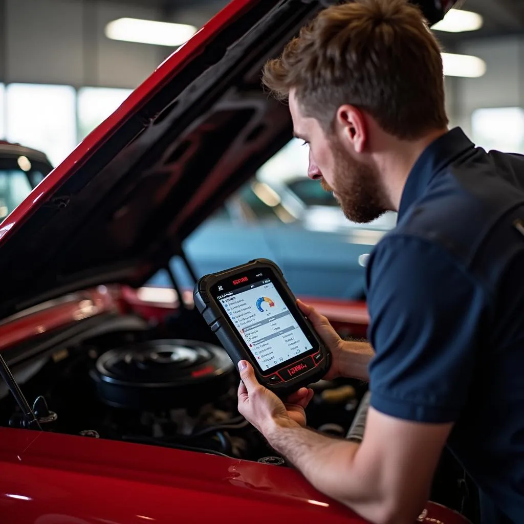 Professional mechanic inspecting a Ford Mustang with a bluetooth diagnostic tool