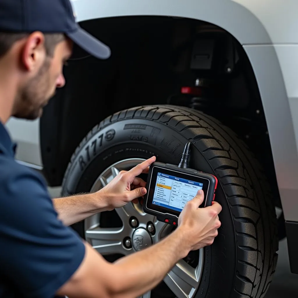 Mechanic Using Scan Tool on GM Vehicle