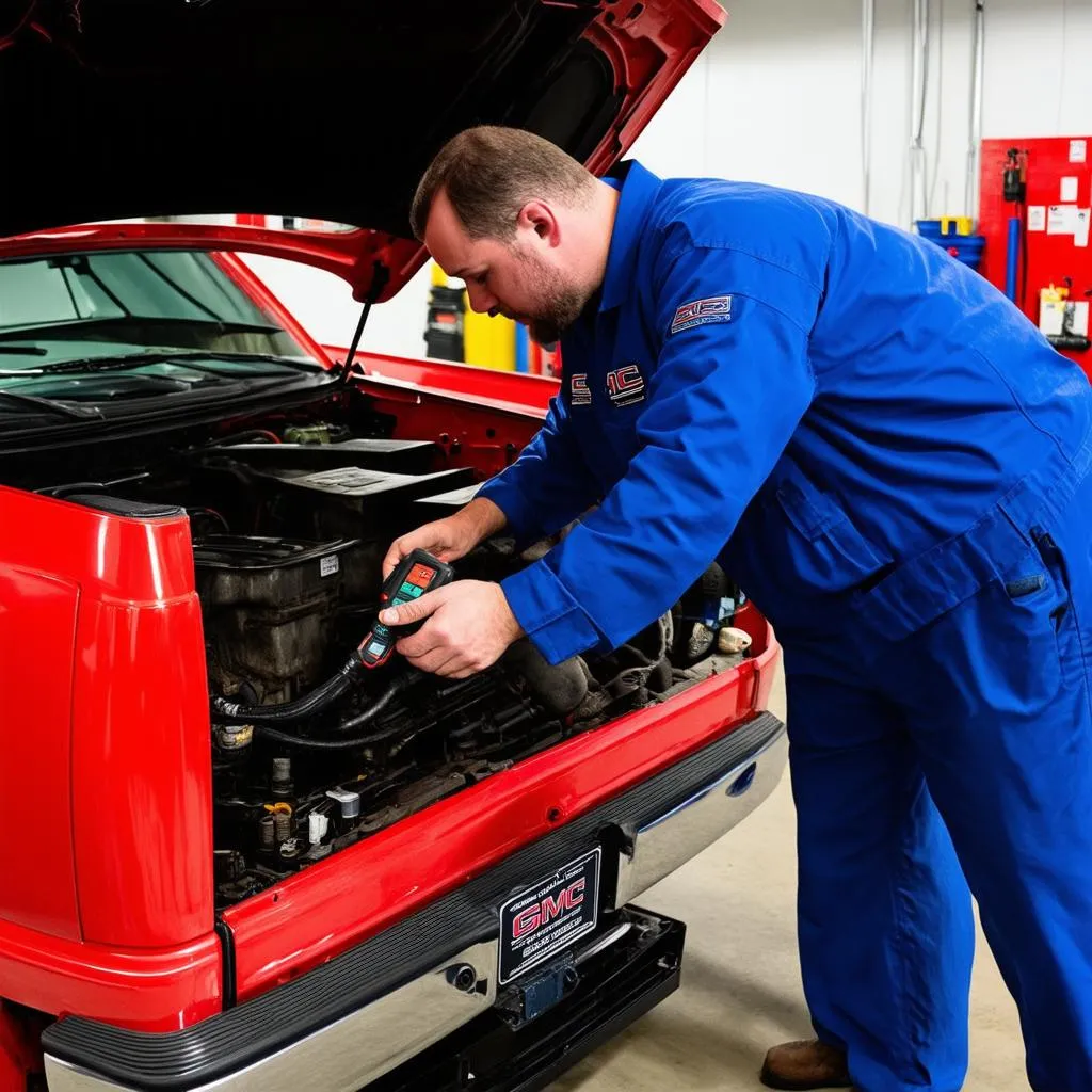 Mechanic using scan tool on GMC Sierra