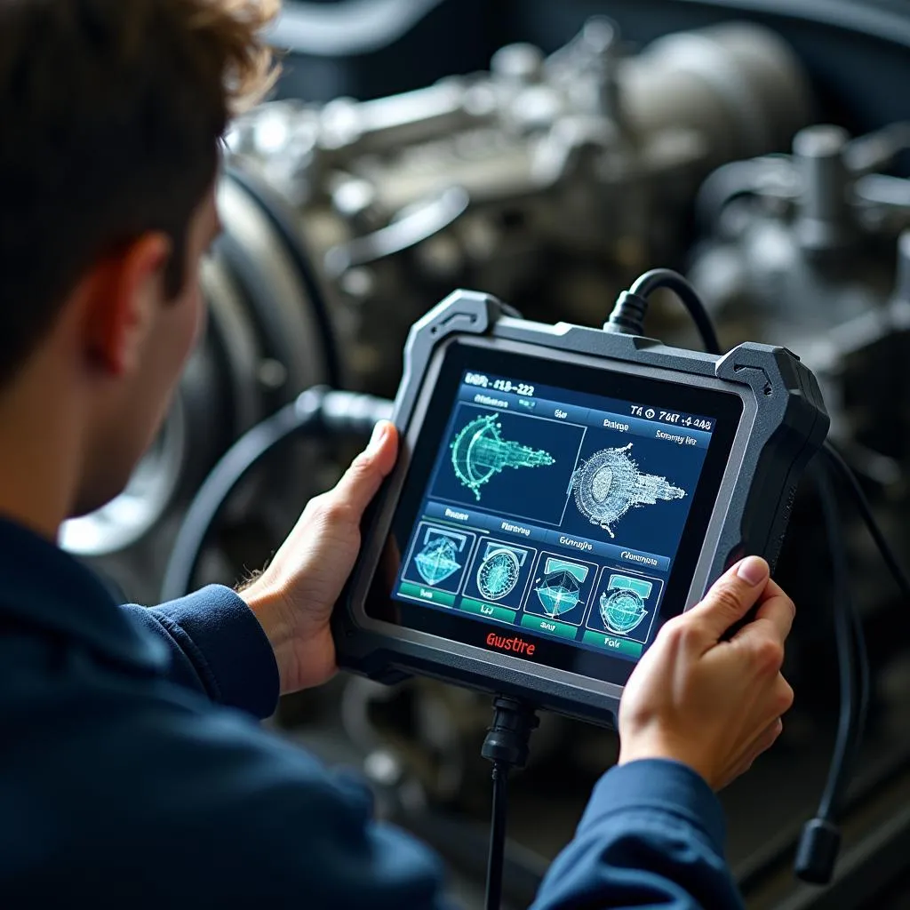 Technician diagnosing Mercedes transmission with advanced scan tool