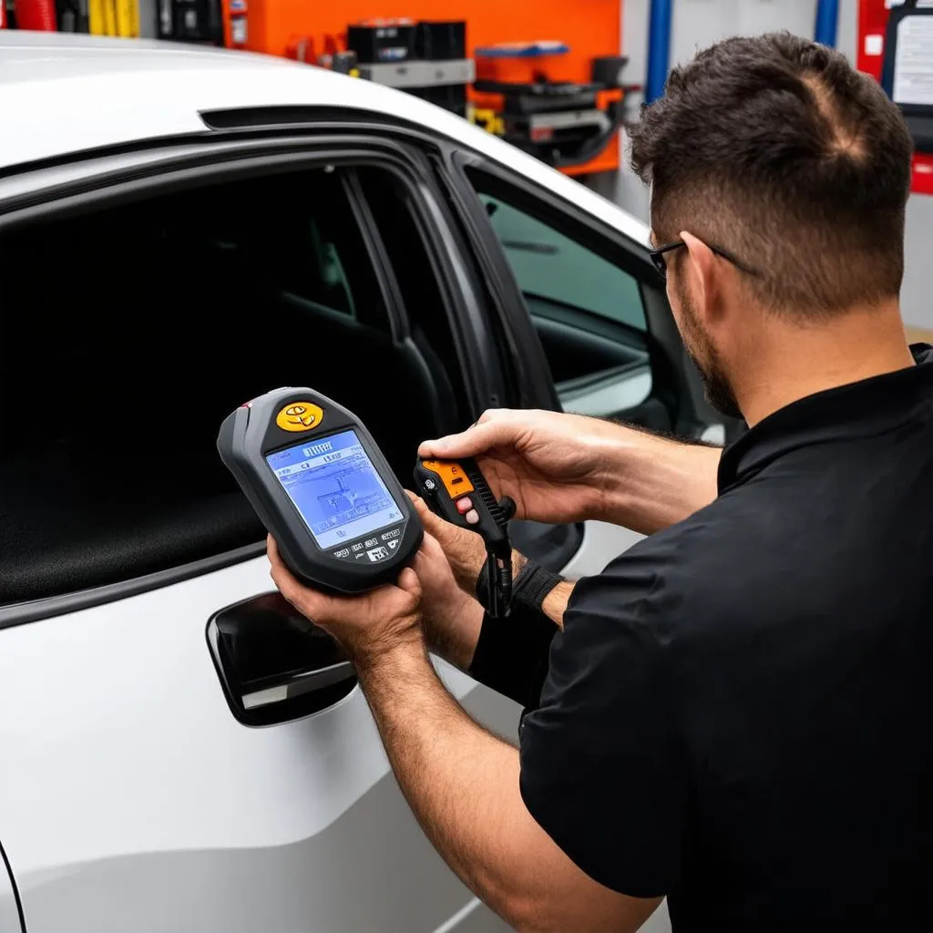 Mechanic Using Scan Tool on Prius