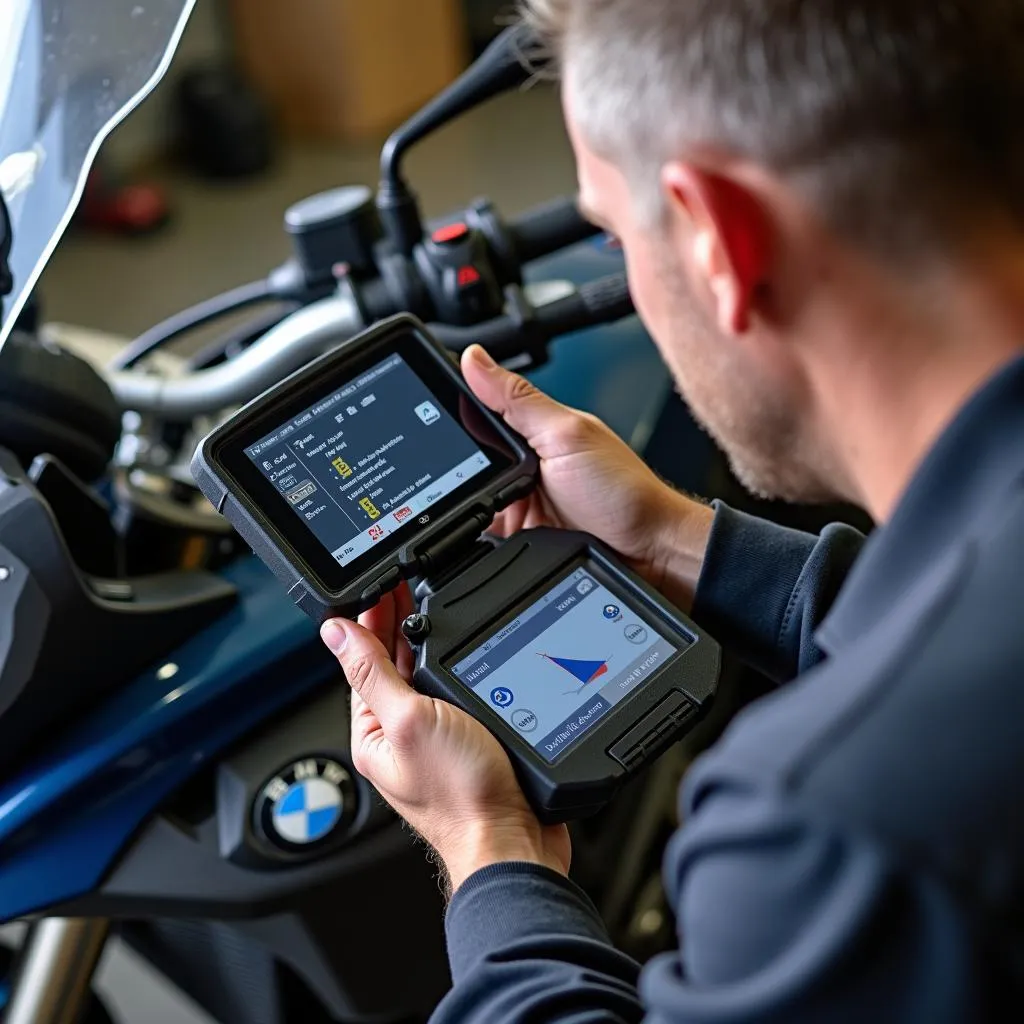 Mechanic Using Scan Tool on R1200GS