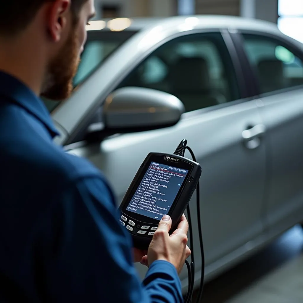 Mechanic using a scan tool on a Toyota Camry Hybrid