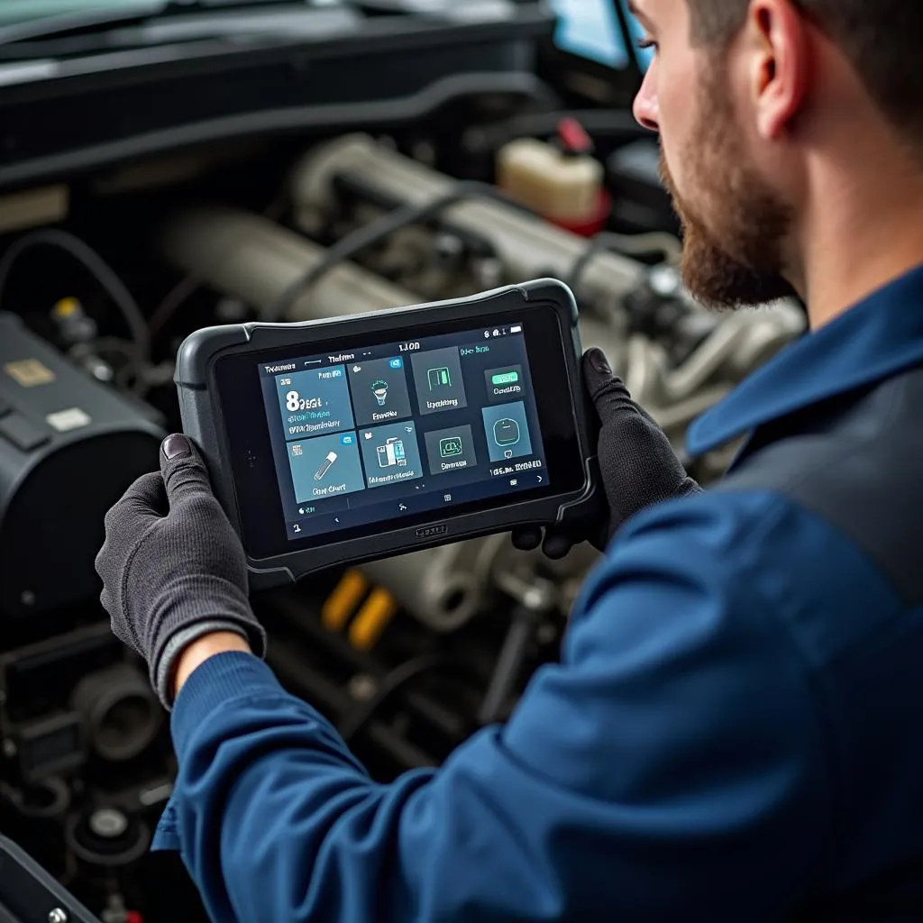 Mechanic using a scan tool to diagnose transmission issues