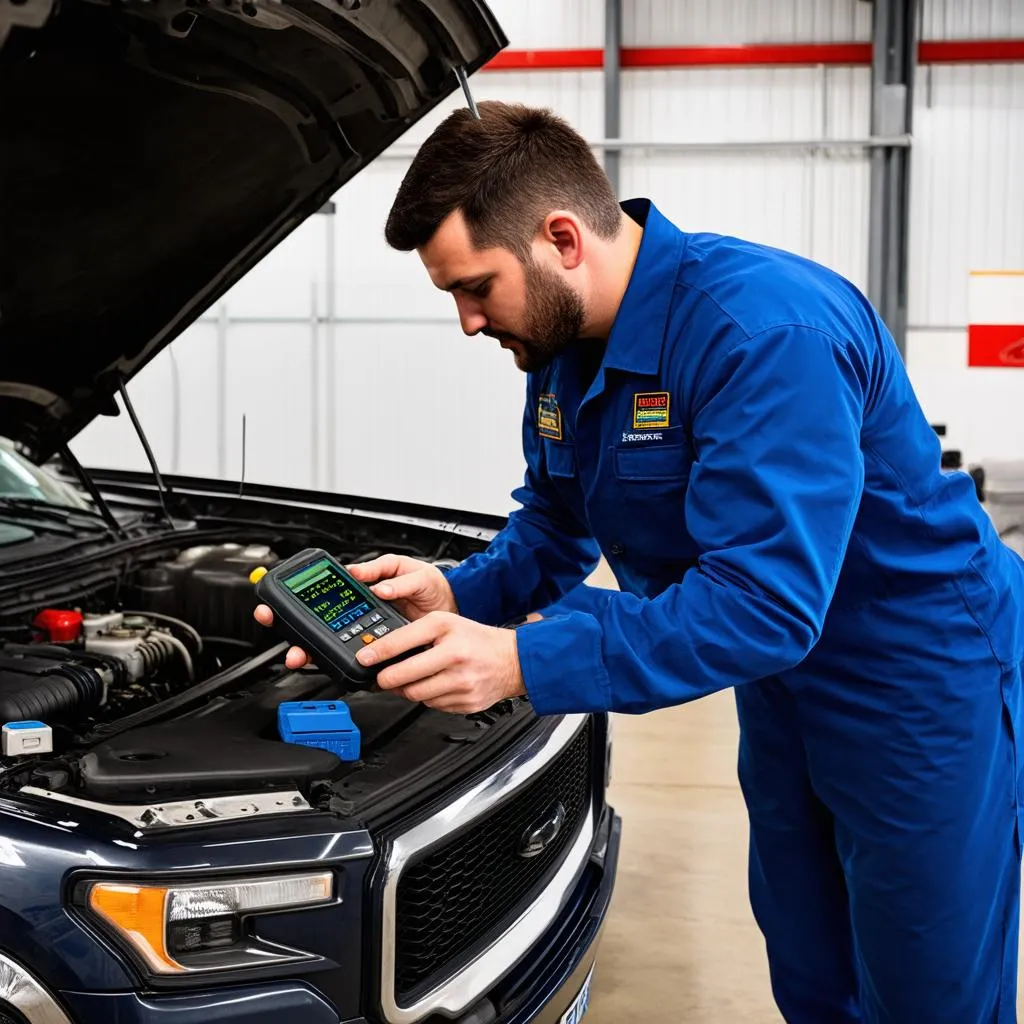 Mechanic diagnosing truck with scan tool