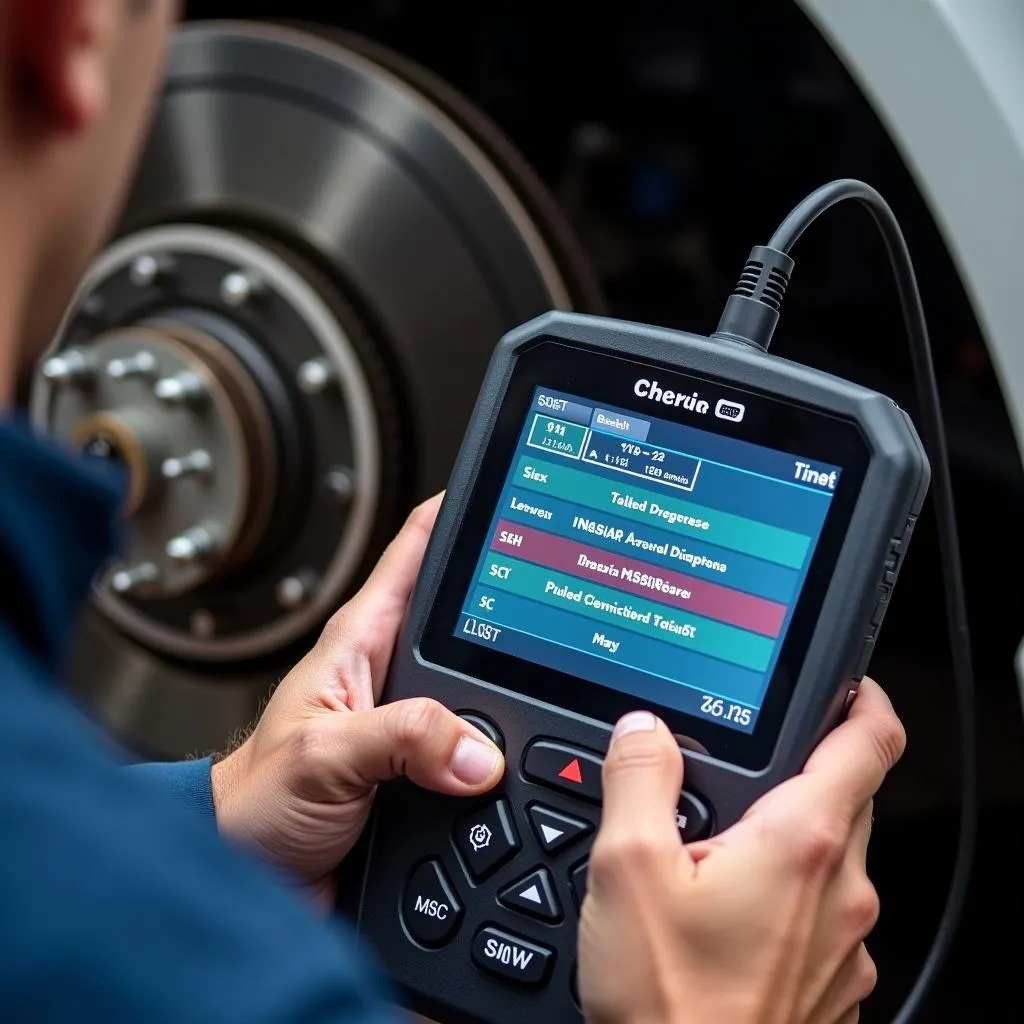 Technician utilizing a class 8 scan tool for truck brake system diagnostics