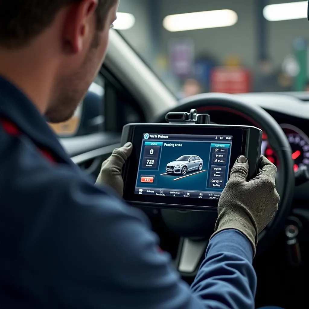 Mechanic Using Scan Tool to Release Brake on European Car