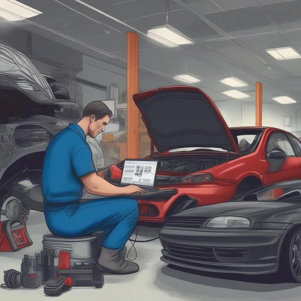 Mechanic using scan tool software on a laptop in an auto repair shop