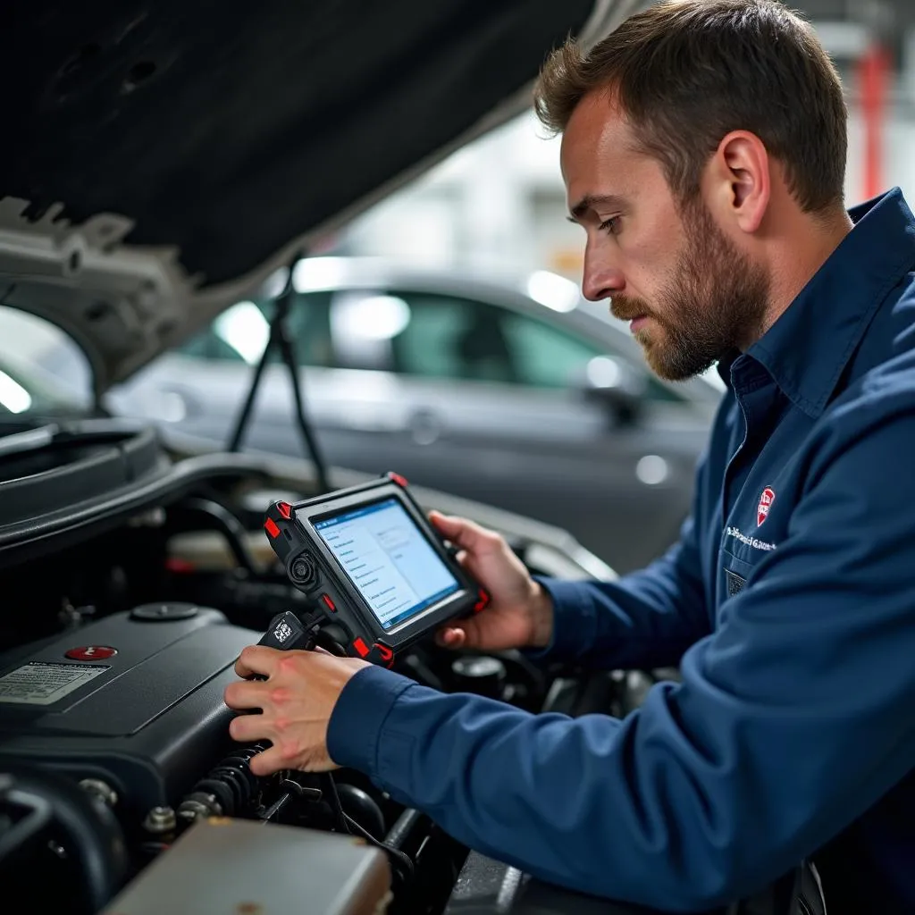 Mechanic Using Scan Tool to Diagnose Car Engine