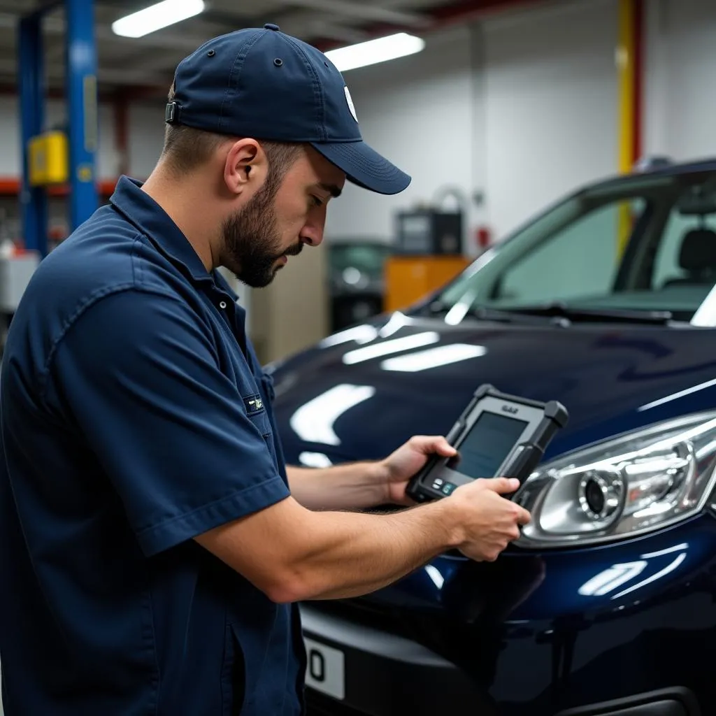 A mechanic in a professional workshop uses a scan tool to diagnose a car's ignition system