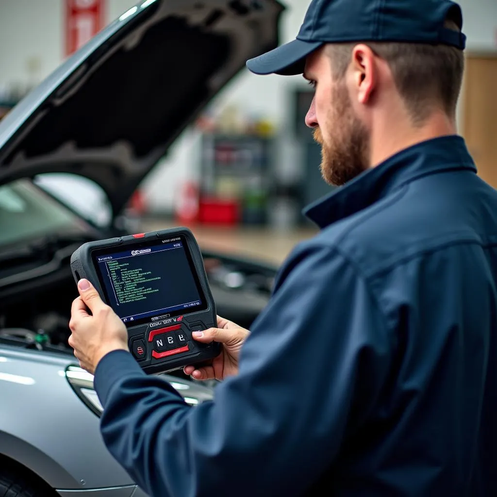 Mechanic Using a Scan Tool for Car Diagnosis