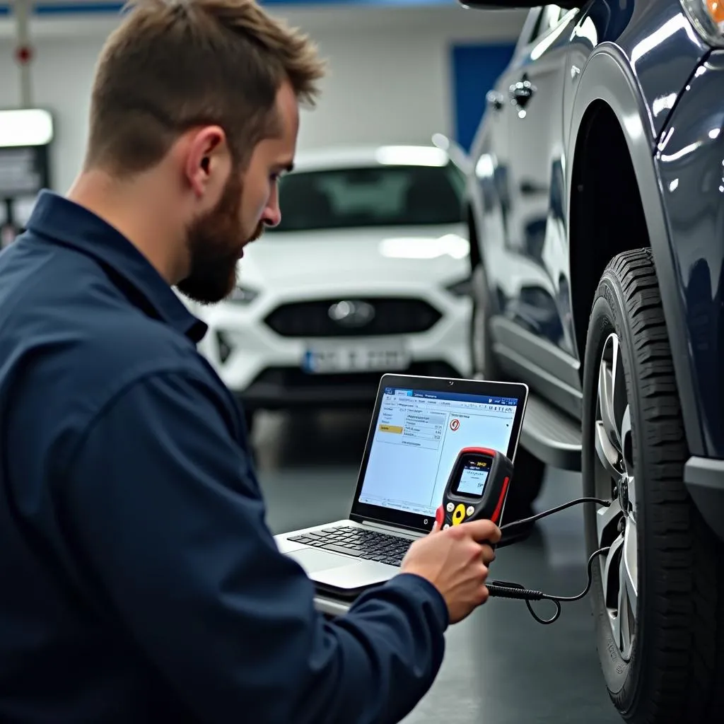 Mechanic Using Scan Tool for TPMS Diagnosis