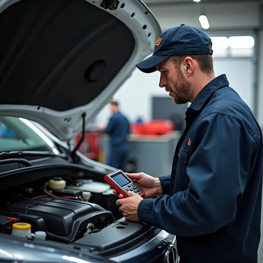 A mechanic using an ABS and airbag scan tool to diagnose a problem under the hood of a car