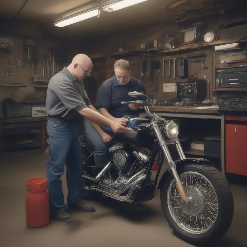 Mechanic using a scanalyzer on a Harley Davidson motorcycle