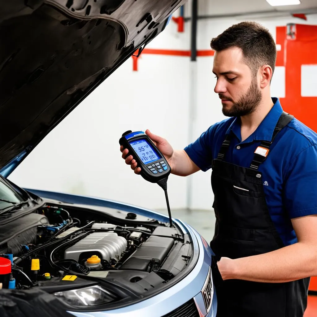 Car mechanic using a diagnostic scanner