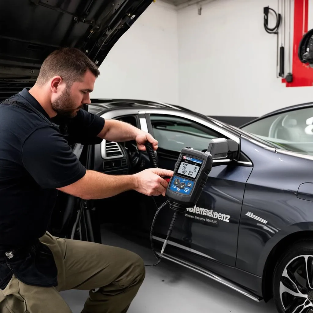 Mechanic using a dealer scanner