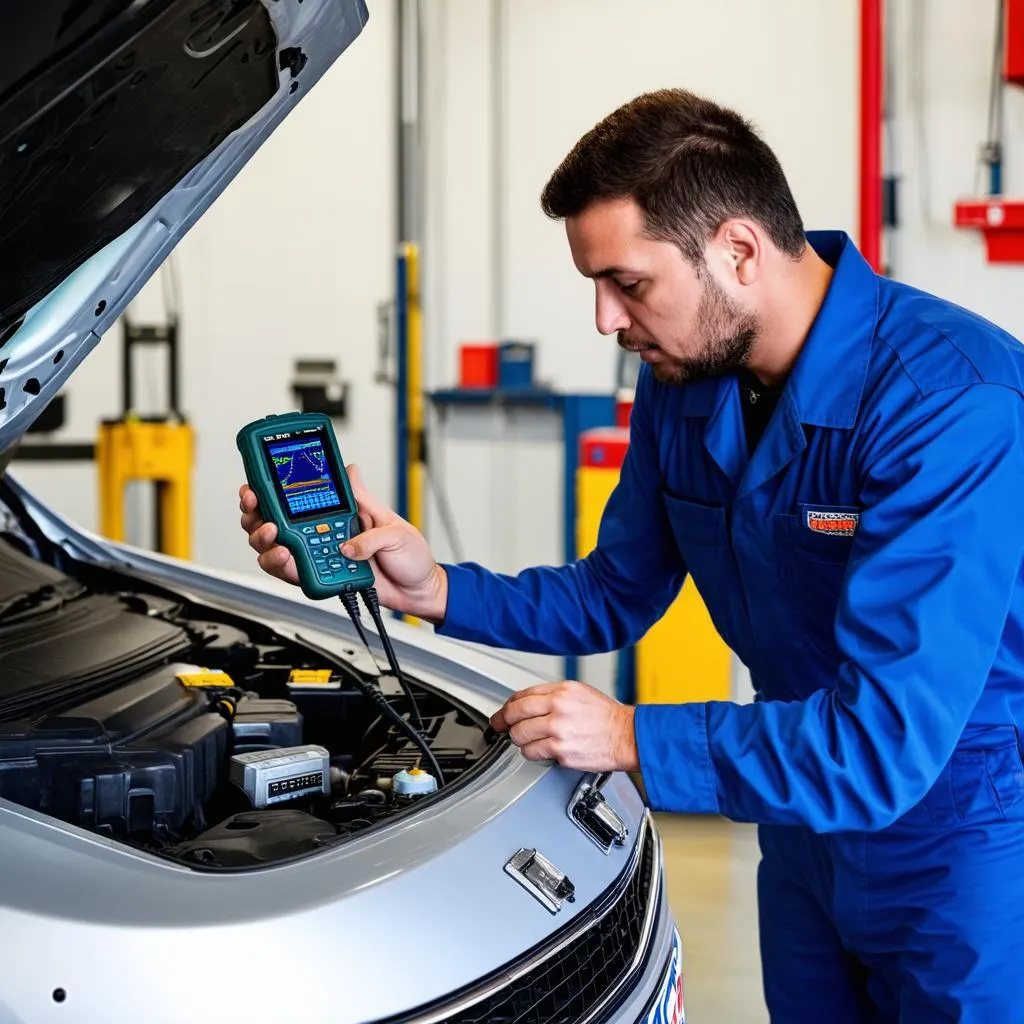 Mechanic using scanner on car