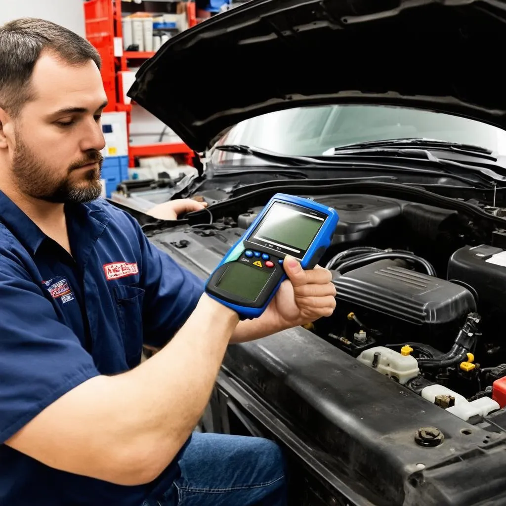 Mechanic using a scan tool on a car