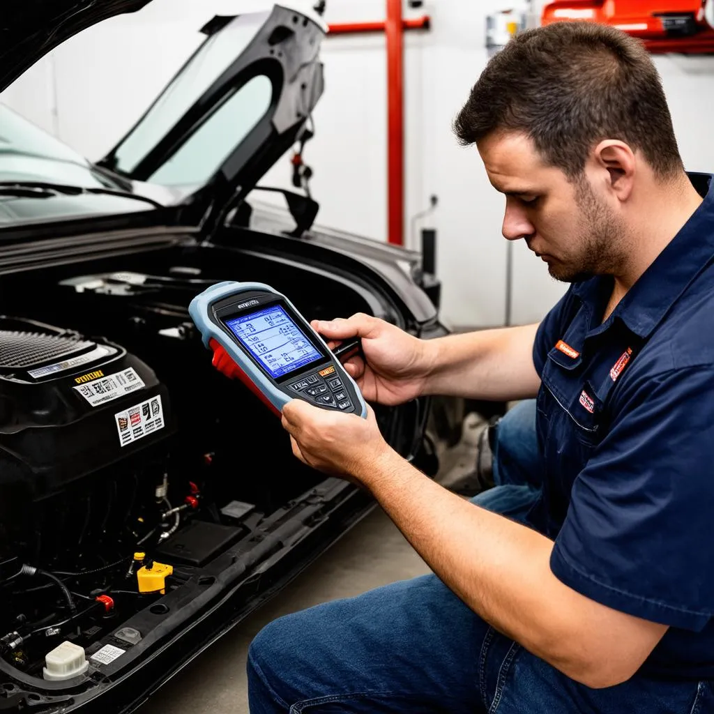 A mechanic using a diagnostic scanner