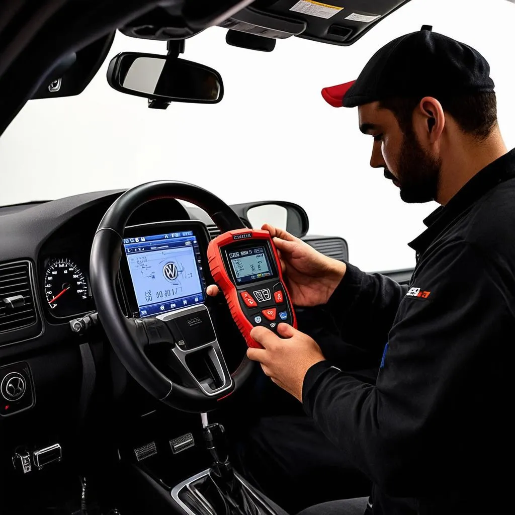 Mechanic using a diagnostic scan tool on a Volkswagen