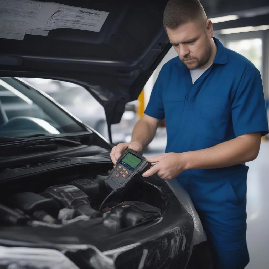 Mechanic using OBD2 scanner