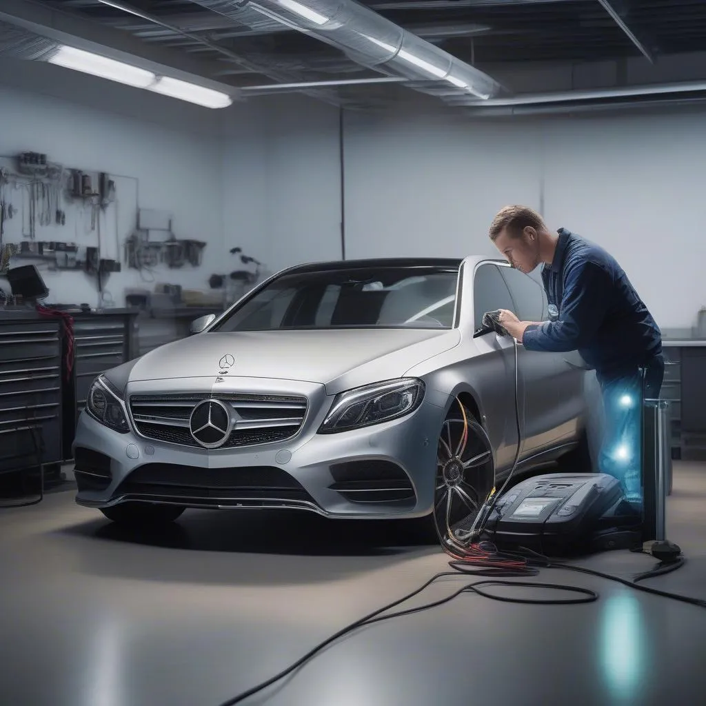 Mechanic Using Scanner on a Mercedes-Benz in a Garage