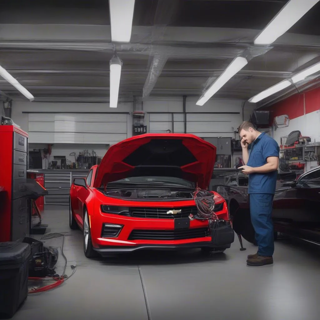 Mechanic using OBD2 scanner in a car repair shop