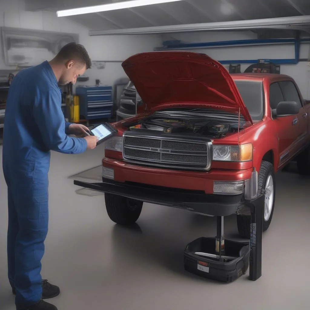 Mechanic using a diagnostic scanner on a car