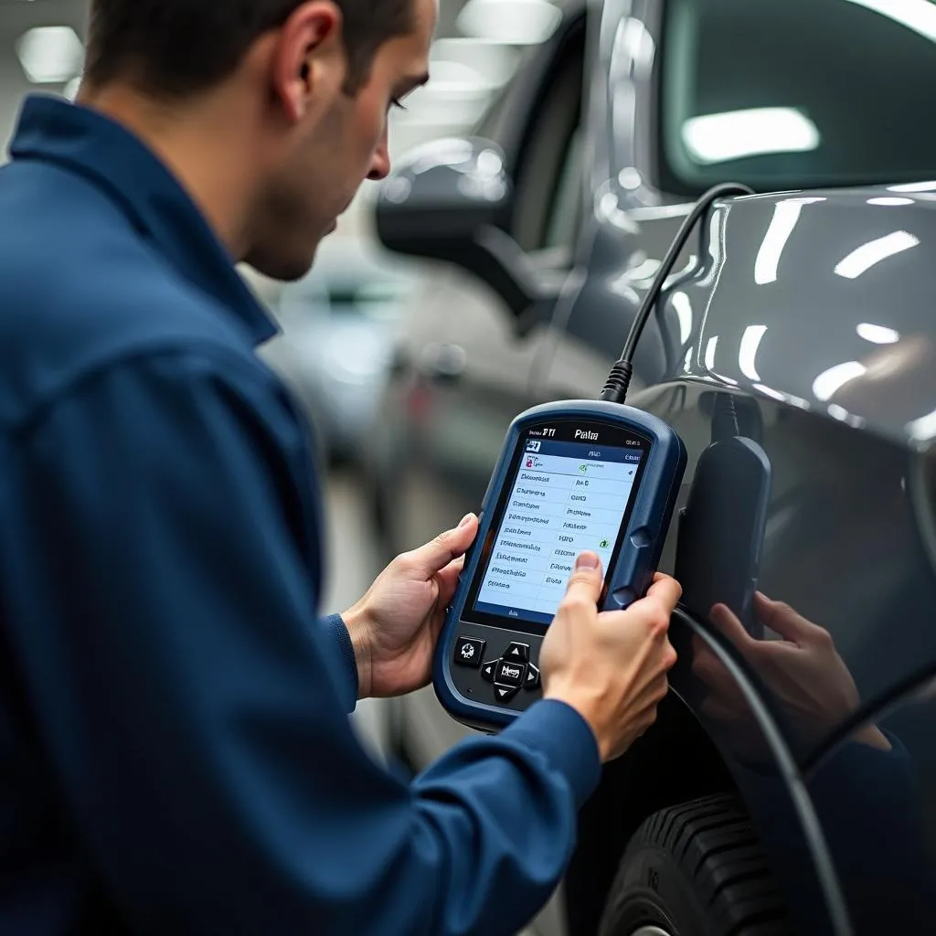 Mechanic using a scanner on a car in a repair shop