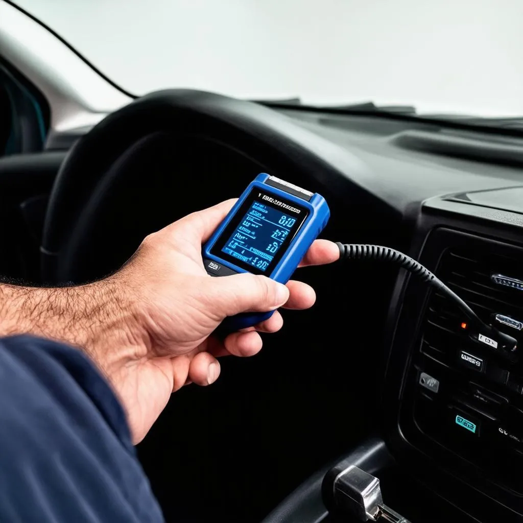 A mechanic using a bidirectional OBD2 scanner on a car's dashboard to diagnose an electrical issue.