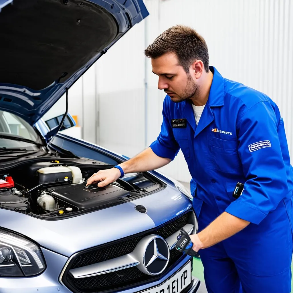 Mechanic using a diagnostic scanner on a Mercedes E320 BlueTEC