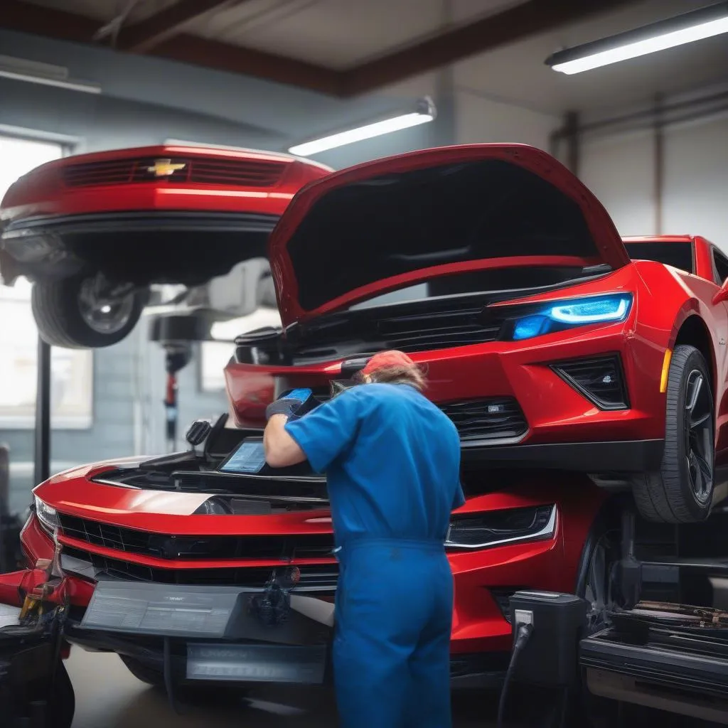 Mechanic using diagnostic scanner on a GM vehicle