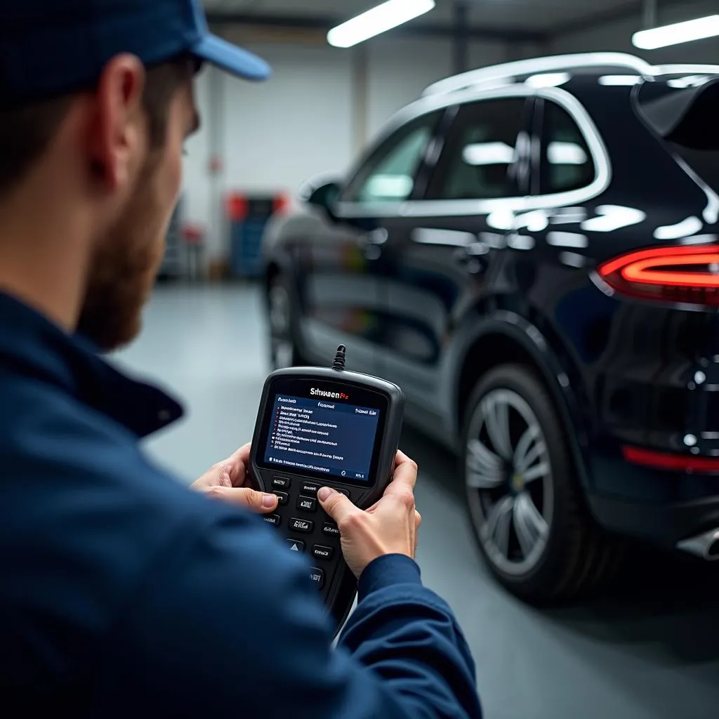 Mechanic Using Scanner on Porsche Cayenne