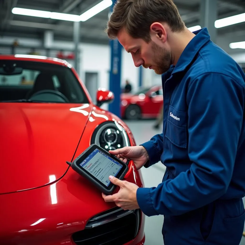 Mechanic Using Schwaben Scan Tool on Porsche 911