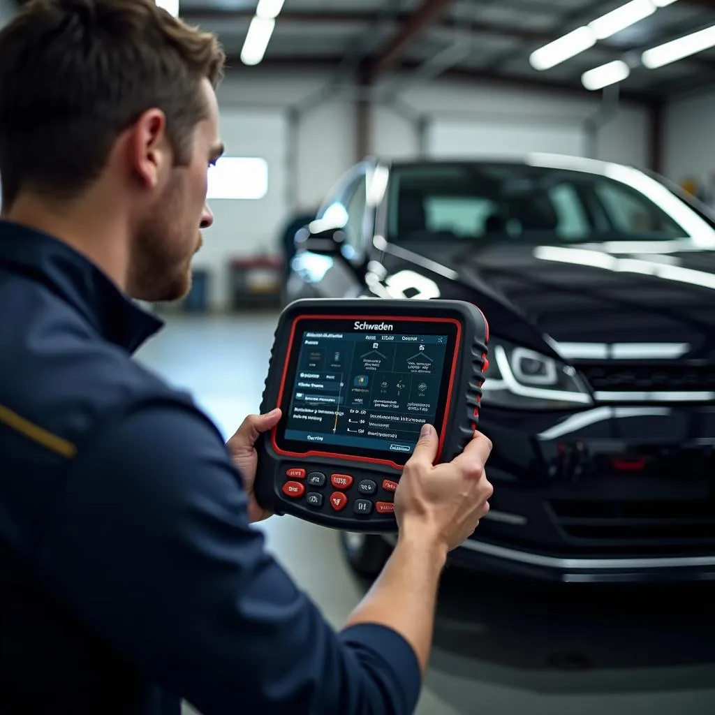 Mechanic performing diagnostics on a Volkswagen using a Schwaben scan tool